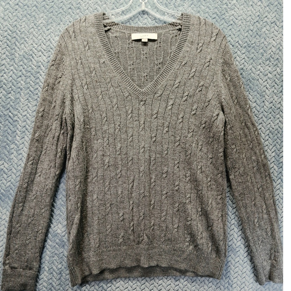 LOFT Ann Taylor Grey Metallic Cable Knit V-Neck Sweater Wool Blend Medium